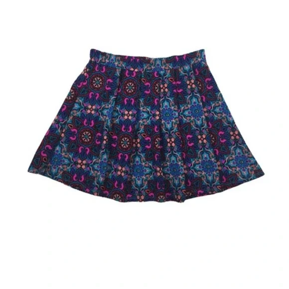 Alya Blue Multi Color Ikat Print Pleated Skater Skirt Size Medium