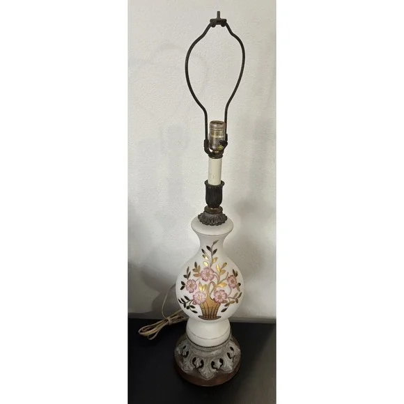 Antique West Germany Satin Glass Lamp Hand‎ Painted Floral
