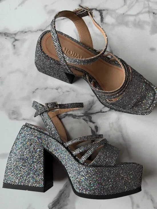 Nodaleto Bulla Chibi Silver Glitter Platform Sandals Size EU 38