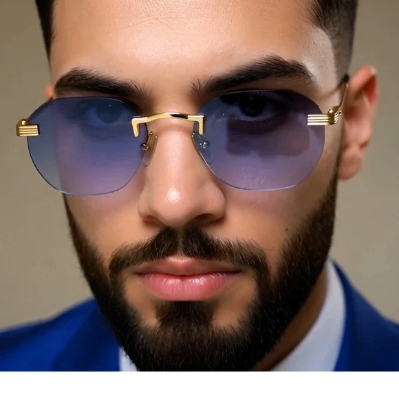 Rimless Sunglasses Men Vintage Designer Style Blue Lens Fashion Shades‎ Lentes