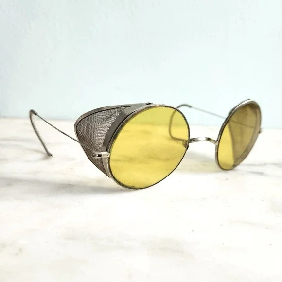 Antique‎ Safety Goggles Yellow Glass Round Metal Mesh Side Shields