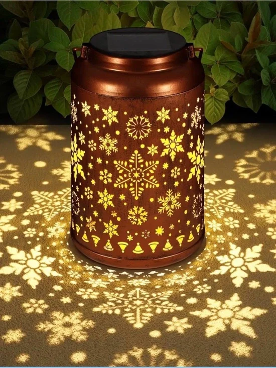 Solar-Powered Metal Lantern with Copper Snowflake Pattern