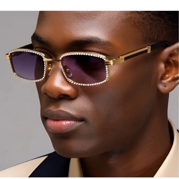 Rhinestone Sunglasses Men Square‎ Frame Gold Accents Fashion Shades Lentes Gafas