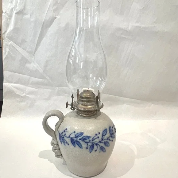 Salmon Falls Stoneware Kerosene Oil Lamp & Chimney Blueberry Vine Signed 1999