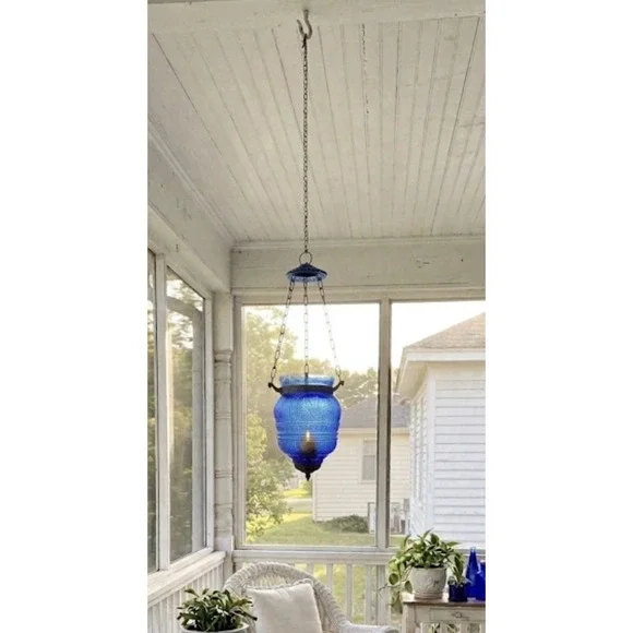 Antique hanging Blue Glass Bell Jar Candle Lantern ~ Pendant Bell