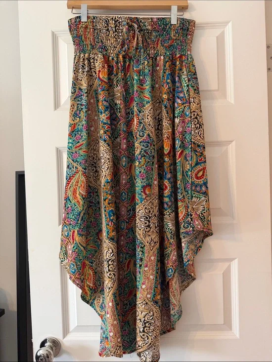 SHEIN Teal Multicolor Paisley Hanky Hem Skirt