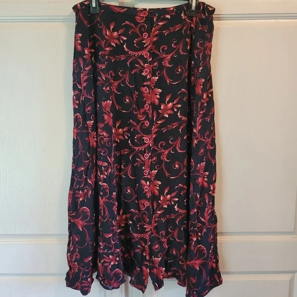 Melrose Collectibles Button Down Front Red Black Floral Pattern Midi Maxi Skirt