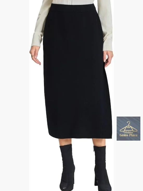 High Waist Midi Wool Knit Skirt with Slit Machine Washable