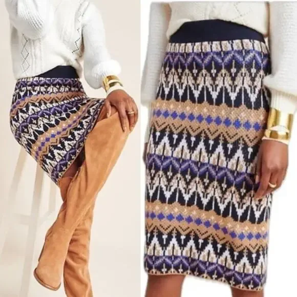 Anthropologie Saoirse Sweater Midi Skirt Size XS Navy Neutral Fair Isle Nordic