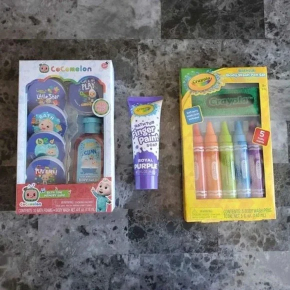 Cocomelon Memory Game, Crayola Bath Pens Set, and Purple Bath Paint