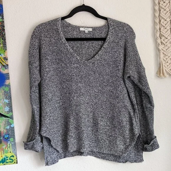 Madewell Oceanside Sweater Gray Knit Vneck High Low Hem Sz XS