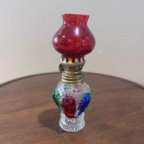 Vtg Miniature Oil Lamp Multi Color Jeweled Glass Ruby Red Chimney Hong Kong 4.5