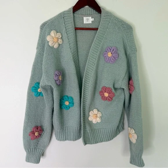 Luna Ivy Cottagecore Floral Puff Crochet Open Cardigan Size Medium