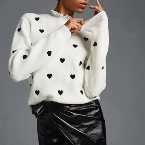 Anthropologie White Scoop Neck Sweater with Black Heart Print Sz Small