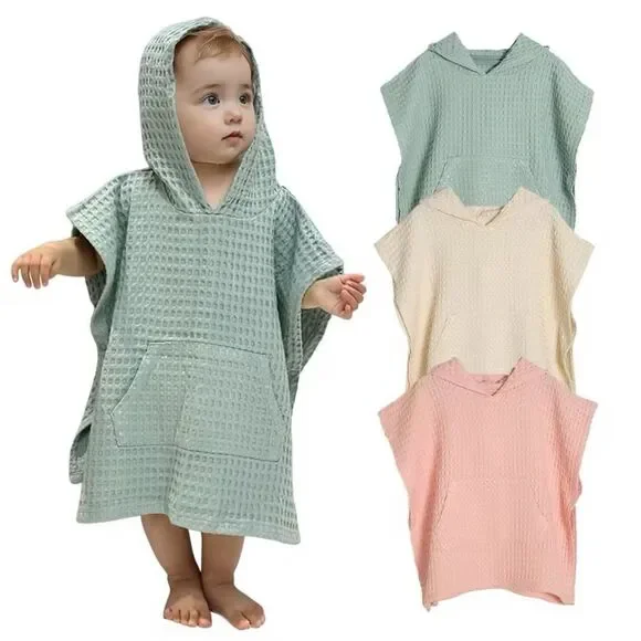Organic Cotton Waffle Kids Poncho Hooded Towel: Pool, Beach, Bathroom GREEN