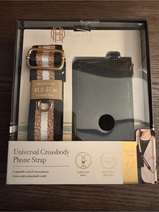 House of Harlow 1960 Black Crossbody Phone Strap with Gold and White Stripe