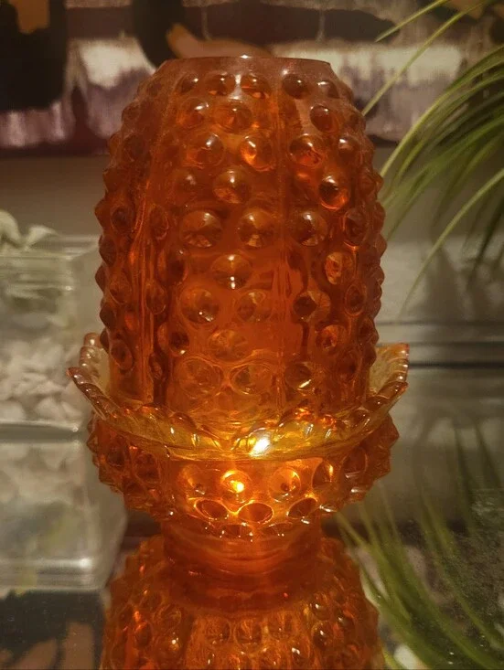 Fenton Amberina Hobnail Glass Fairy Lamp Orange Yellow