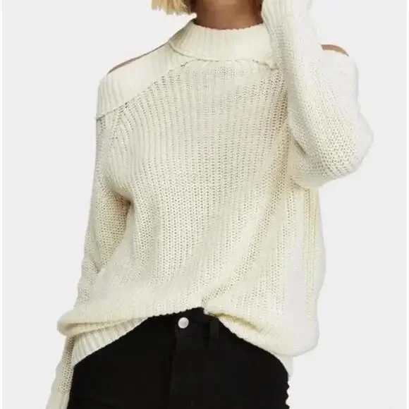 Free People Cream Strap Open Shoulder Half Moon Bay Rib Sweater - Size - Small