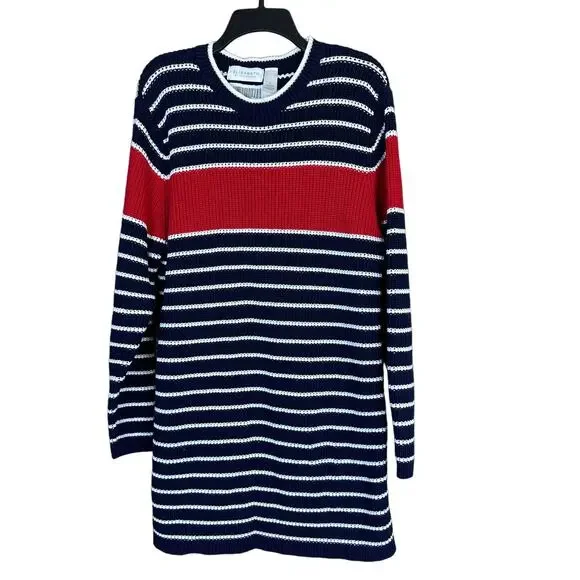 Elisabeth by Liz Claiborne White/Red/Navy‎ Blue Striped Long Tunic Sweater 2XL