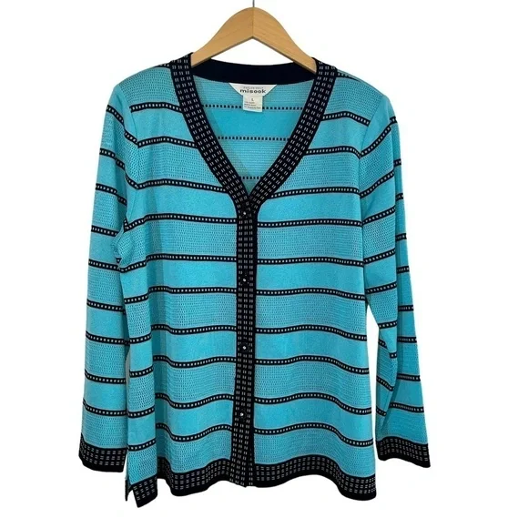 Exclusively Misook Cardigan Sweater Blue Striped Black Trim  Acrylic Sz LG