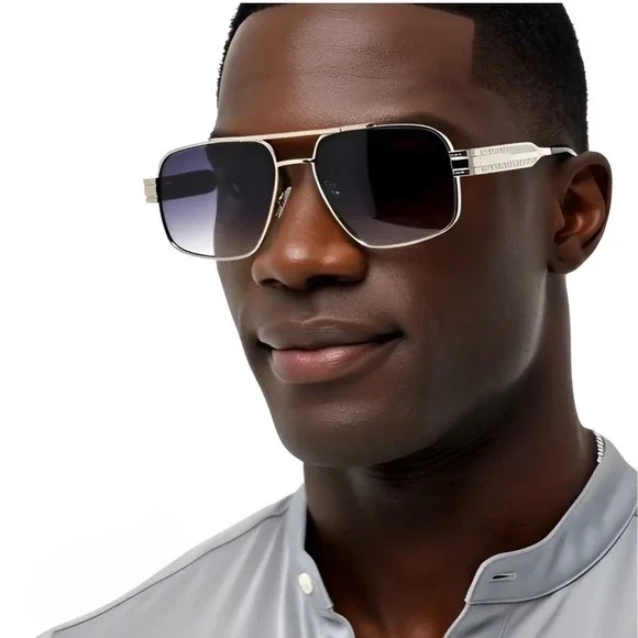 Mens Silver Square Aviator‎ Sunglasses Smoke Gradient Lens Engraved Metal Frame
