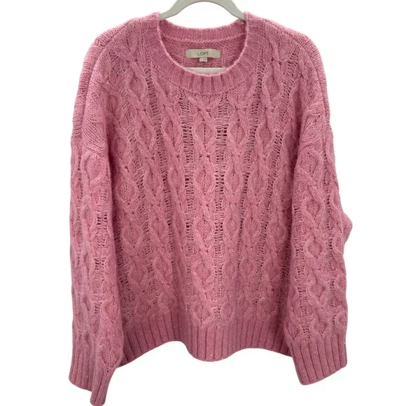 LOFT Pink Cable Open Knit Crew Neck Sweater Womens XL Wool‎ Blend Lightweight