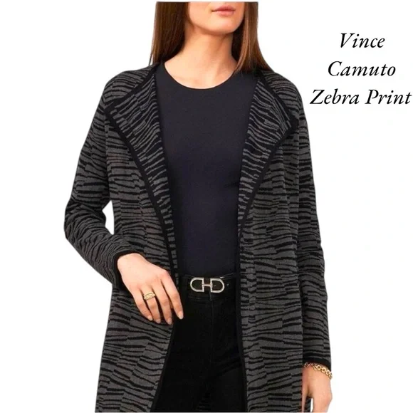 🛍️ 2/$25 EUC Vince Camuto Zebra Open Front Long Black Striped Cardigan Womens XL