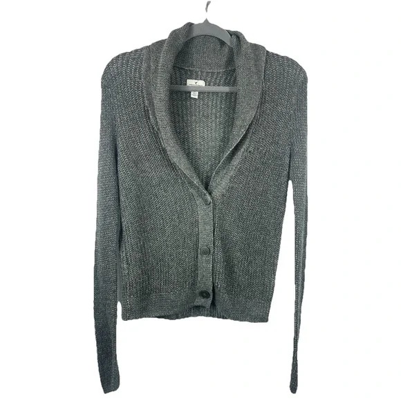 American Eagle Chunky Knit Gray Cardigan S Grandpa Core Coastal Granny Minimalis