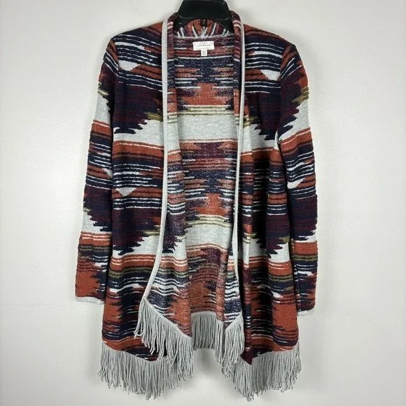 Lucky‎ Brand Women's Open Front Cardigan Sz M /L Boho Aztec Southwestern Fringe