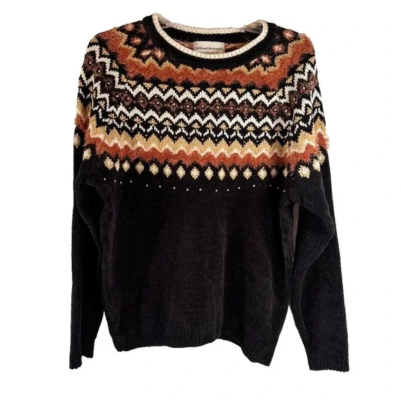 Alfred Dunner Sweater Pullover Crew Neck Black/Orange/Cream Women's‎ Size L