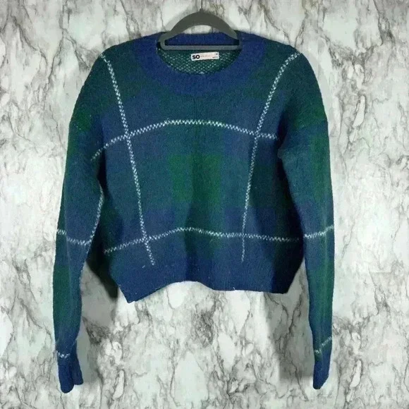 SO Women's Crew Neck Long Sleeve Plaid Faux Fur Pullover Sweater Green/Blue M