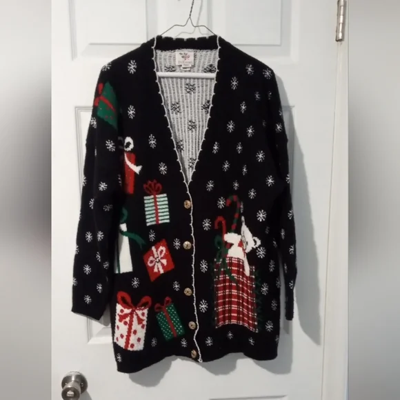Festive Black Cardigan with Holiday Motifs