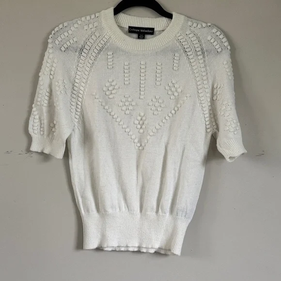Catherine Malandrino White Textured Sweater Small Short Sleeve Knit Top Embellis