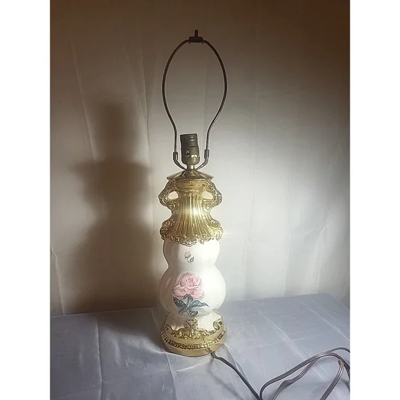Vintage 23 Inch Ceramic‎ Table Lamp Pink Rose Floral Gold Gilt Urn Style