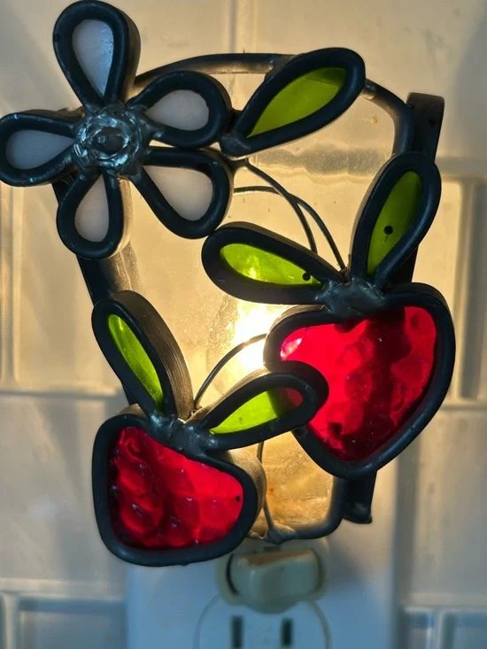Vintage Stained Glass Night Light Strawberry Flower Red Green Handmade