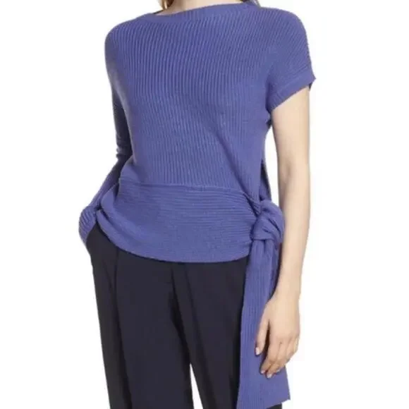 Lewit Marino 100% Ribbed Wool Asymmetrical Blue Side Tie Sweater - Size - 1