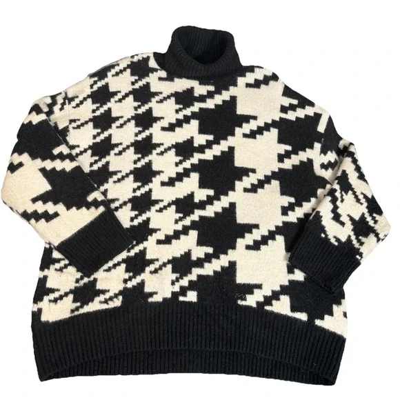 H & M Womens Turtleneck Houndstooth Sweater‎ Black White Large Wool Jacquard