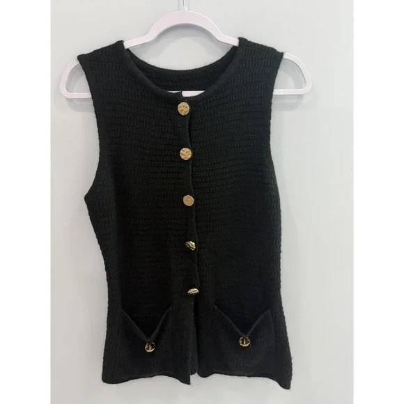 SHEIN Black Knit Sweater Vest Large Gold Button Sleeveless Pocket Accent Top