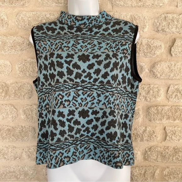 St John vintage mock neck leopard sleeveless sweater Santana M blue gray
