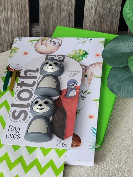 Sloth Pattern Notebook, Green Journal, Sharpies, Gray Sloth Bag Clips – 2-Pack