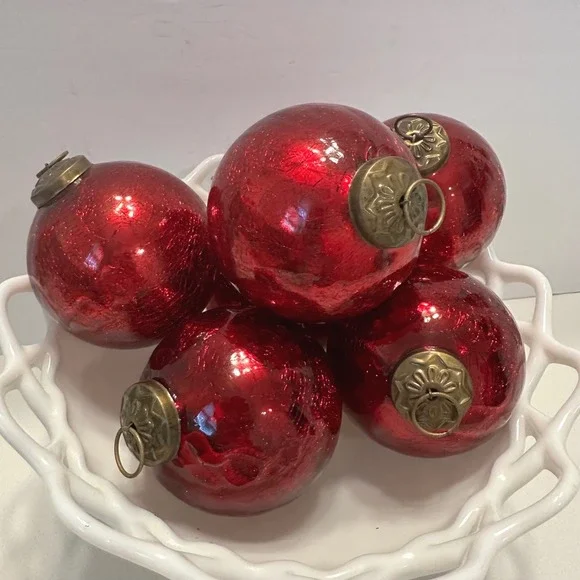 Restoration‎ Hardware Red Crackle Glass Christmas Ornaments Set of 6 Brass Top