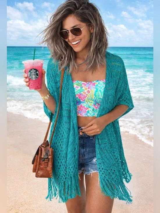Teal Crochet Kimono Cardigan Fringe Beach Coverup– Sz Medium