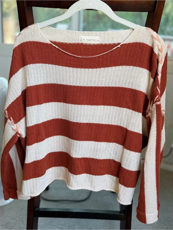 By Together Striped Lace-Up Sleeve Sweater S/M Rust Cream 100% Cotton Boho