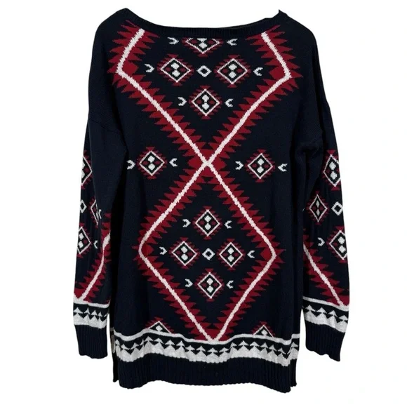 Lauren Ralph Lauren Navy and Red Aztec Print Cotton Long-Line Sweater Size L