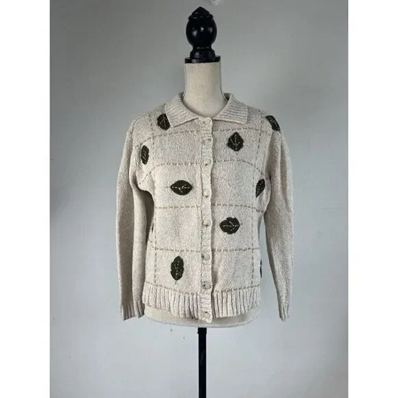 Liz Claiborne Villager Sport Vtg Cream Fall Leaf Cardigan Cottagecore Knit PL