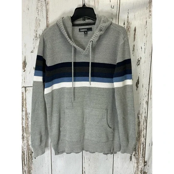 Commerce Gray And Blue Stripe Hooded Sweater
