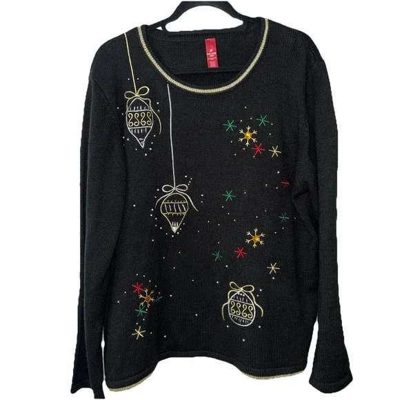 Ugly Christmas Sweater Womens Black Sequin Gold Tone Beading  Ornaments Size XXL