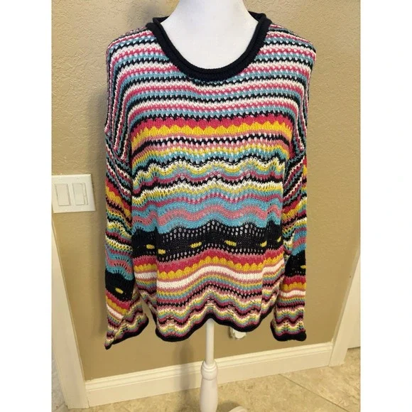 Woven Heart Vibrant Multicolor Striped Crochet Knit Sweater, Relaxed Fit, Large