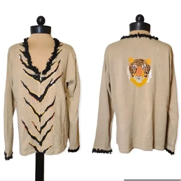 Storybook Knits Tiger Embroidered Zipper Front Cardigan Large