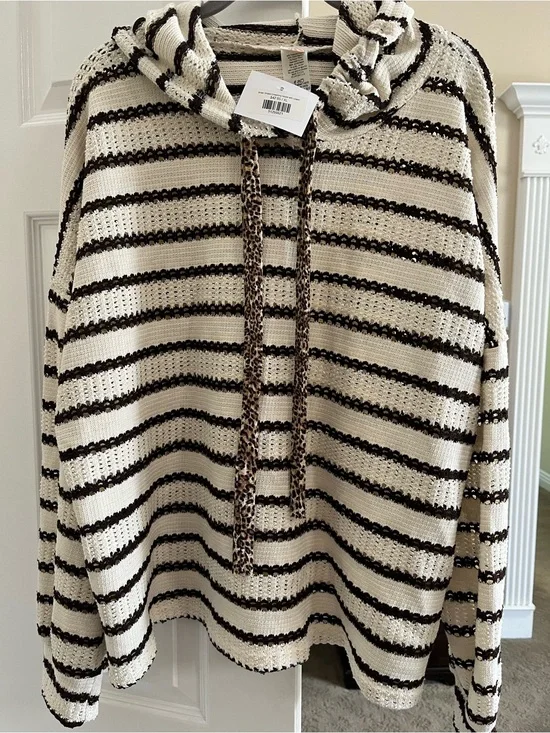 7th Ray Cream and Brown Striped Hooded Sweater with Leopard Drawstrings